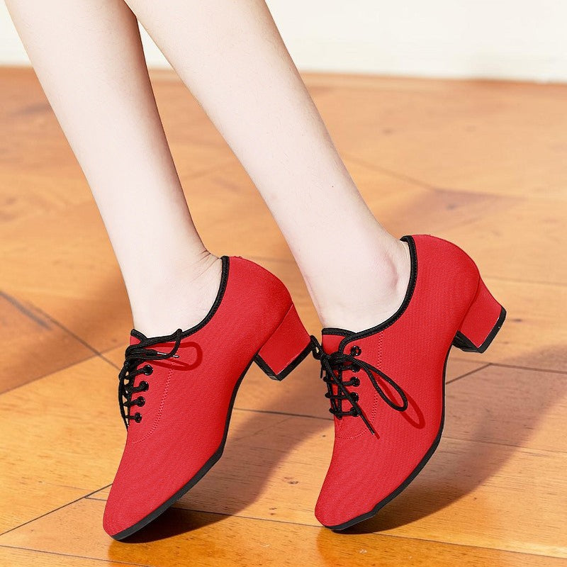 Zapatos de baile latino MONROE STORE rojos de tela Oxford con tacón medio de 5 cm y cordones negros