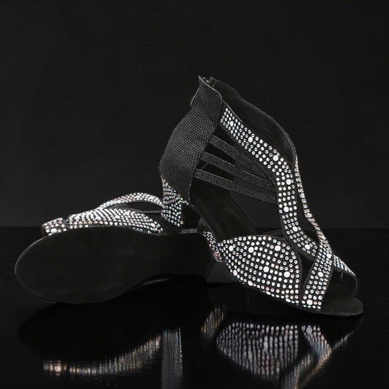 Zapatos de baile MONROE STORE para mujer en negro con diamantes, suela de ante y diseño transpirable para danza.