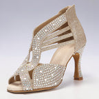 Zapatos de baile MONROE STORE dorados con pedrería, tacón alto y suela de ante para danza latina y moderna.