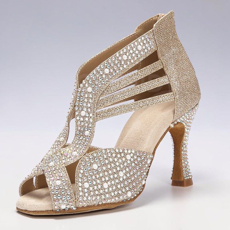 Zapatos de baile MONROE STORE dorados con pedrería, tacón alto y suela de ante para danza latina y moderna.