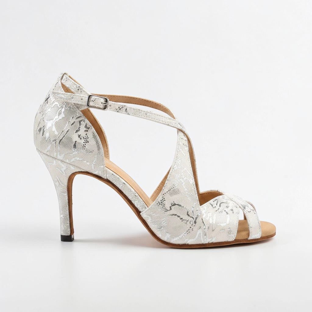 Zapatos de baile latino MONROE STORE plateados con estampado de tótem, tacón de aguja y puntera abierta