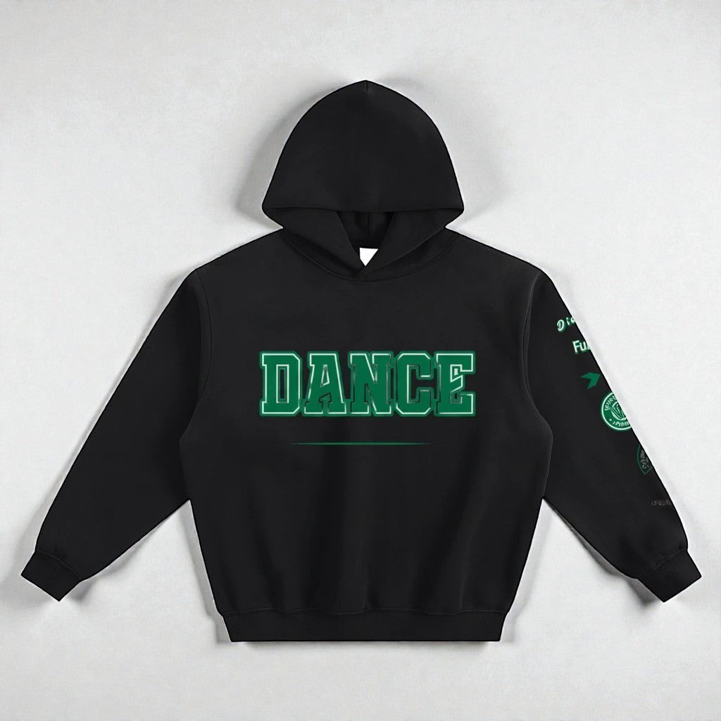 MONROE STORE sudadera con capucha negra de mezcla de algodón y poliéster con estampado "DANCE" en verde y detalles en la manga.