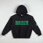 MONROE STORE sudadera con capucha negra de mezcla de algodón y poliéster con estampado "DANCE" en verde y detalles en la manga.